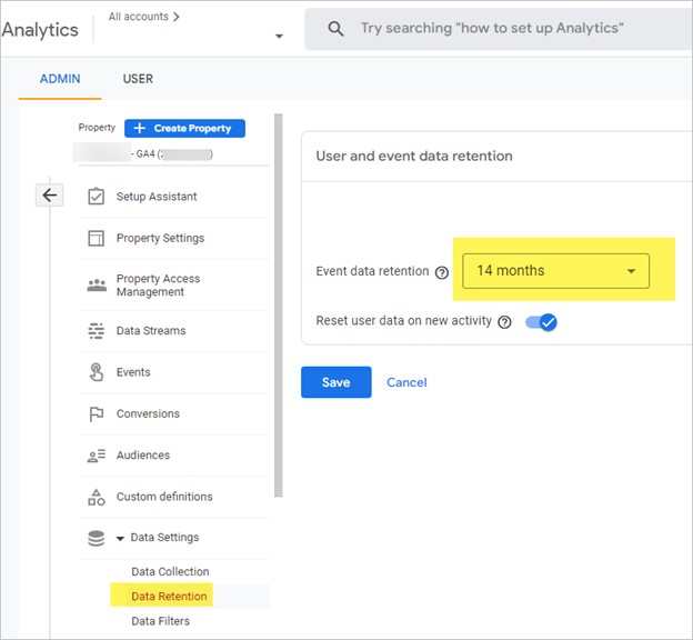 A screenshot of the BigQuery Admin screen that shows where Data Retention settings are found.