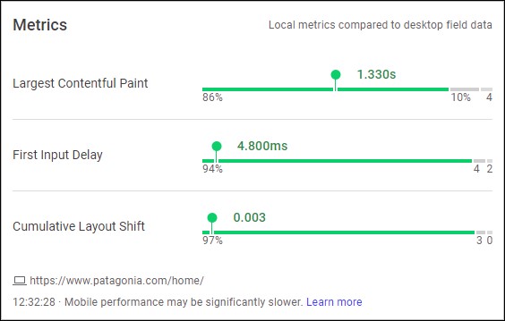 Image of Patagonia's Core Web Vitals home page metrics