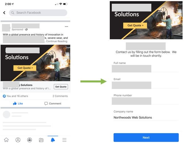 an example of what the Facebook Lead Form process looks like.